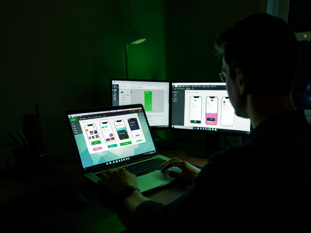 Designing a mobile app interface at a dual-monitor desk